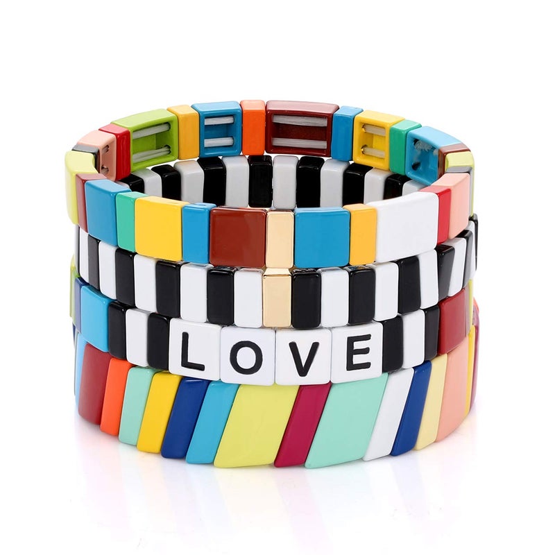 HZEYN Enamel Tile Bracelet Stackable Rainbow Tile Bead Love Stretchy Bracelet Colorblock Enamel Brite Bracelet for Women Set of 4 Strands - Image 1